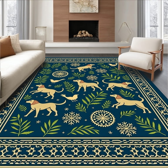 ODIKA 2'x3' Machine Washable Non-Slip Area Rug, Nordic Dachshund Folk Art with Winter Forest Details High Traffic Rug with Pad, Navy Blue, 646235