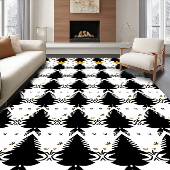 ODIKA 2'x3' Machine Washable Non-Slip Area Rug, Nordic Evergreen Tree Interlocking Buffalo Check Design High Traffic Rug with Pad, Black, 627578