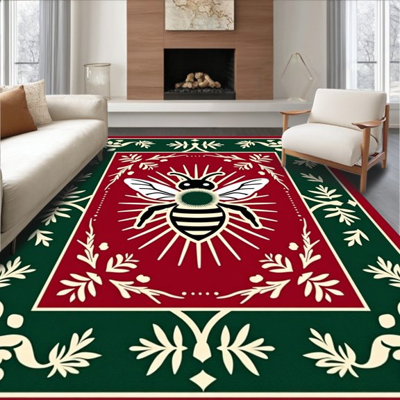ODIKA 2x3 Machine Washable Non-Slip Area Rug, Nordic Folk Bee in Starburst Frame with Festive Pine and Berry Embellishments High Traffic Rug, Red, 746663