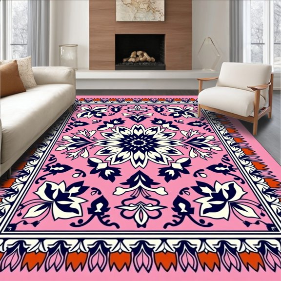 ODIKA 2x3 Machine Washable Non-Slip Area Rug, Nordic Folk Tale Showcasing Stylized Floral and Midnight Details High Traffic Rug, Pink, 547129