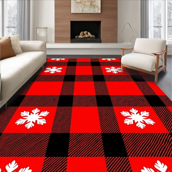 ODIKA 2'x3' Machine Washable Non-Slip Area Rug, Nordic Holiday Interlocking Tartan Plaid with Snowflake Motif High Traffic Rug with Pad, Red, 504077