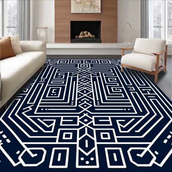 ODIKA 2x3 Machine Washable Non-Slip Area Rug, Nordic Interlocking Maze with Minimalist Motifs High Traffic Rug, Black, 454385