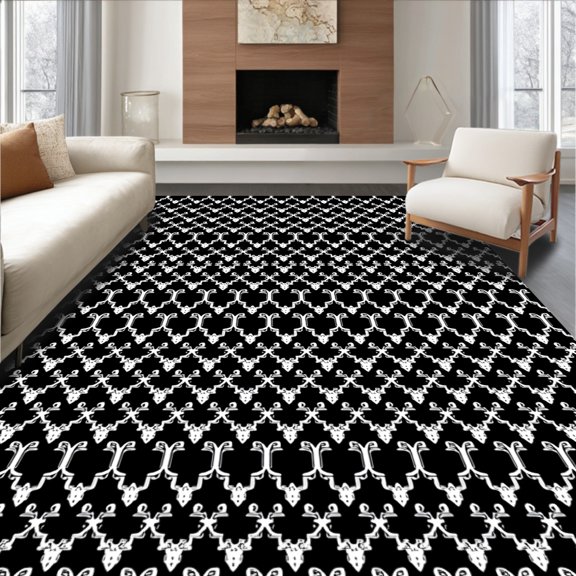 ODIKA 2x3 Machine Washable Non-Slip Area Rug, Nordic Lattice with Delicate Botanical Details High Traffic Rug, Black, 598528
