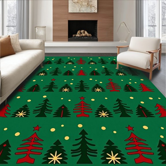 ODIKA 2x3 Machine Washable Non-Slip Area Rug, Nordic Pines Forest Illustration with Plaid Accents High Traffic Rug, Green, 731980