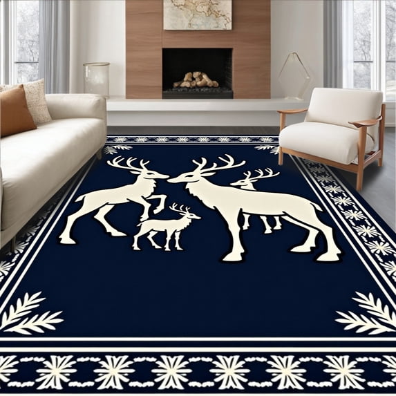 ODIKA 2'x3' Machine Washable Non-Slip Area Rug, Nordic Reindeer Family Elegant Yuletide High Traffic Rug, Blue, 627084