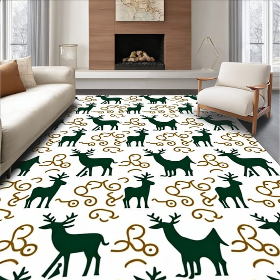 ODIKA 2'x3' Machine Washable Non-Slip Area Rug, Nordic Reindeer Mosaic with Evergreen Filigree High Traffic Rug with Pad, Green, 654801