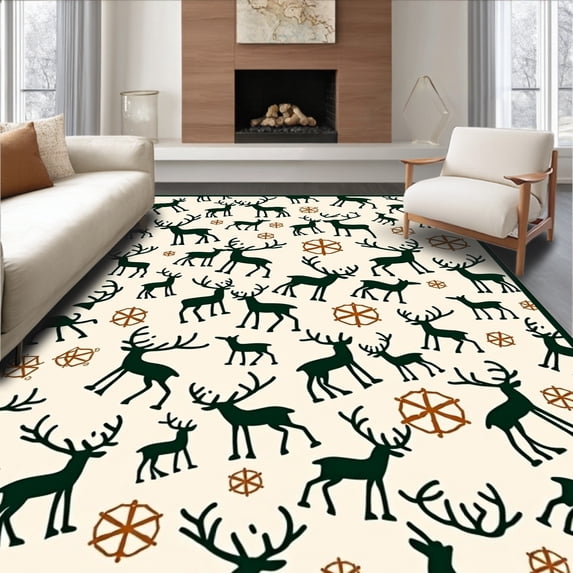 ODIKA 2'x3' Machine Washable Non-Slip Area Rug, Nordic Reindeer Scandinavian Christmas Floor Covering High Traffic Rug, Beige, 731576