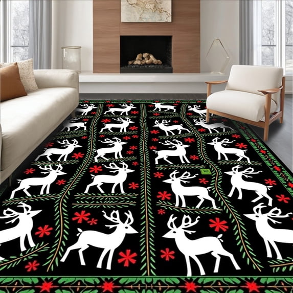 ODIKA 2'x3' Machine Washable Non-Slip Area Rug, Nordic Reindeer and Snowflake with Whimsical Fir Branches High Traffic Rug with Pad, Black, 733382