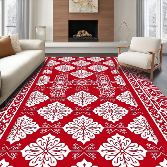 ODIKA 2x3 Machine Washable Non-Slip Area Rug, Nordic Snowflake Holiday Interlocking Art Motif Cover High Traffic Rug, Red, 644769