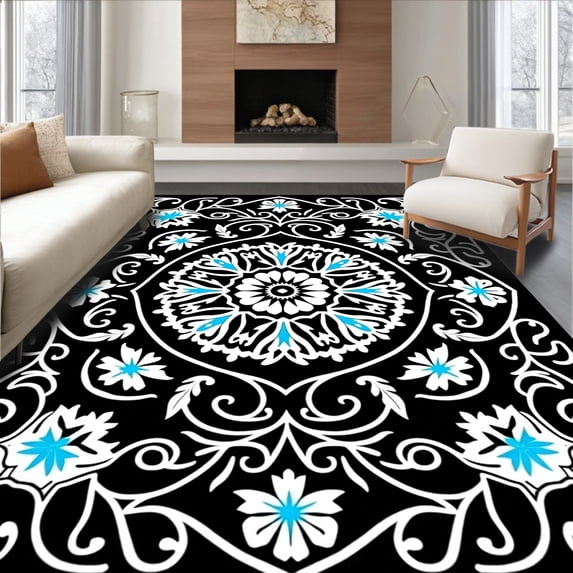 ODIKA 2'x3' Machine Washable Non-Slip Area Rug, Nordic Snowflake Medallion with Elegant Filigree Motif High Traffic Rug, Black, 654767