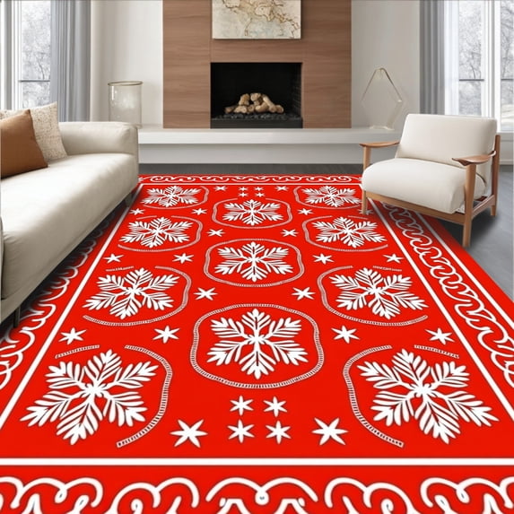ODIKA 2'x3' Machine Washable Non-Slip Area Rug, Nordic Snowflake Medallion with Festive Scrollwork and Accents High Traffic Rug, Red, 612330