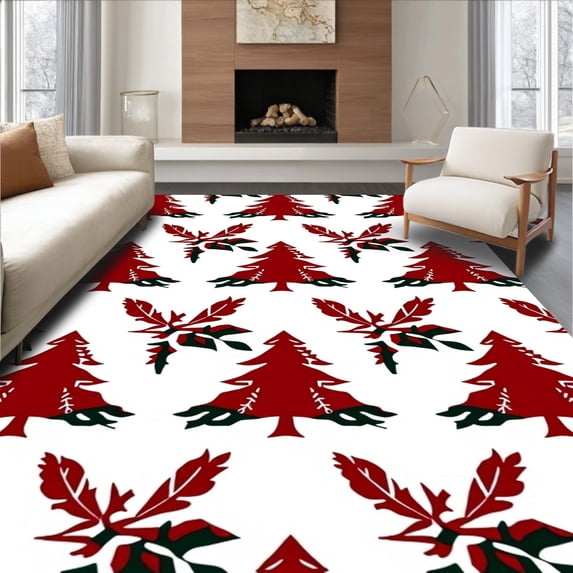 ODIKA 2'x3' Machine Washable Non-Slip Area Rug, Nordic Snowflake Medley with Festive Fir Motif and Winter Holly Accents High Traffic Rug, Red, 611420