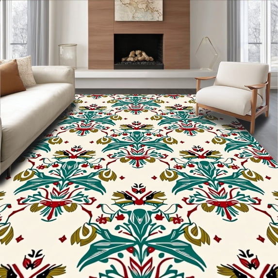 ODIKA 2'x3' Machine Washable Non-Slip Area Rug, Nordic Starburst with Festive Pinecone Embellishments High Traffic Rug, Teal, 738321