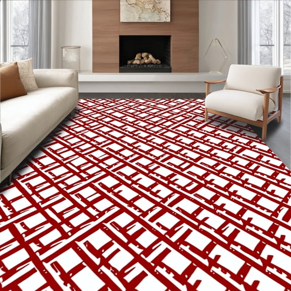 ODIKA 2'x3' Machine Washable Non-Slip Area Rug, Nordic Striped with Scandinavian Cross Hatch Plaid Design High Traffic Rug, Red, 610787