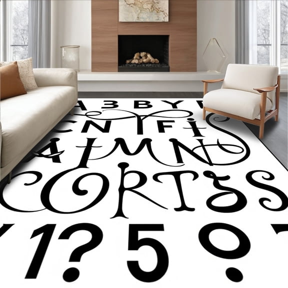 ODIKA 2x3 Machine Washable Non-Slip Area Rug, Nordic Style Letter Chart Educational Typography Learning High Traffic Rug, Black, 696752