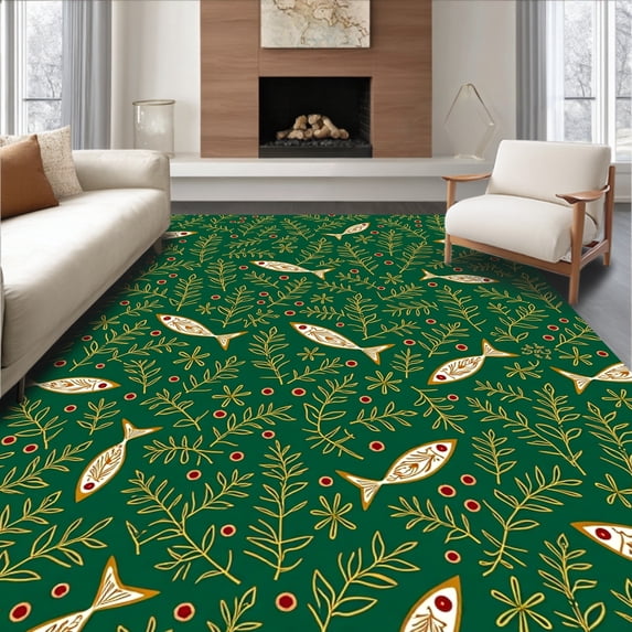ODIKA 2'x3' Machine Washable Non-Slip Area Rug, Nordic Winter Catch Lively Fish Motif with Evergreen Accents High Traffic Rug with Pad, Green, 642984