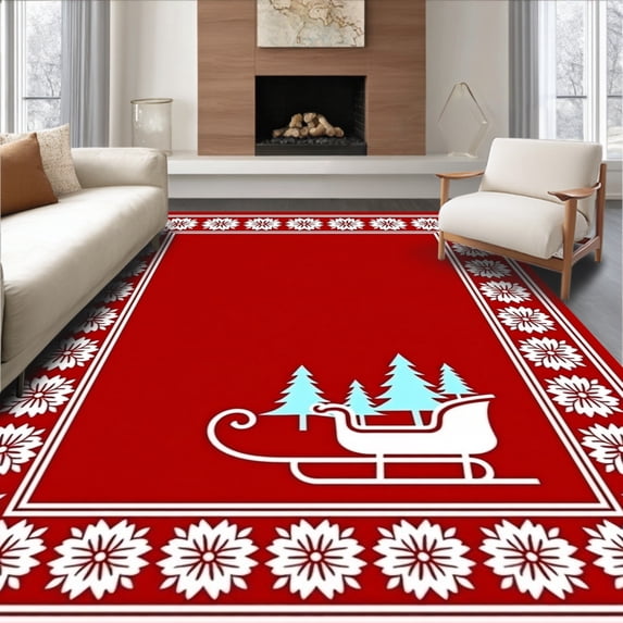ODIKA 2'x3' Machine Washable Non-Slip Area Rug, Nordic Winter Wonderland with Santa Sleigh and Pine Forest Motif High Traffic Rug, Red, 505529