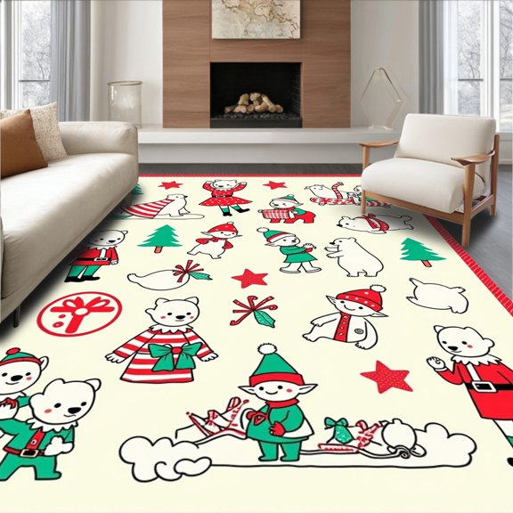 ODIKA 2x3 Machine Washable Non-Slip Area Rug, North Pole Adventure Decorative High Traffic Rug, Red, 610033