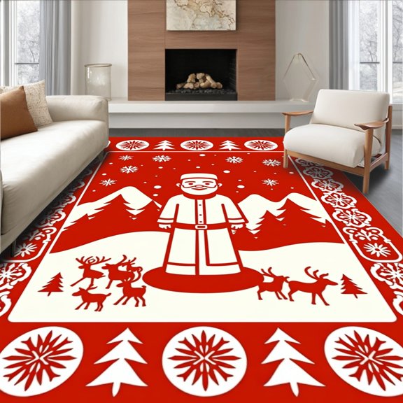 ODIKA 2x3 Machine Washable Non-Slip Area Rug, North Pole Magic Whimsical Winter Wonderland High Traffic Rug, Red, 607100