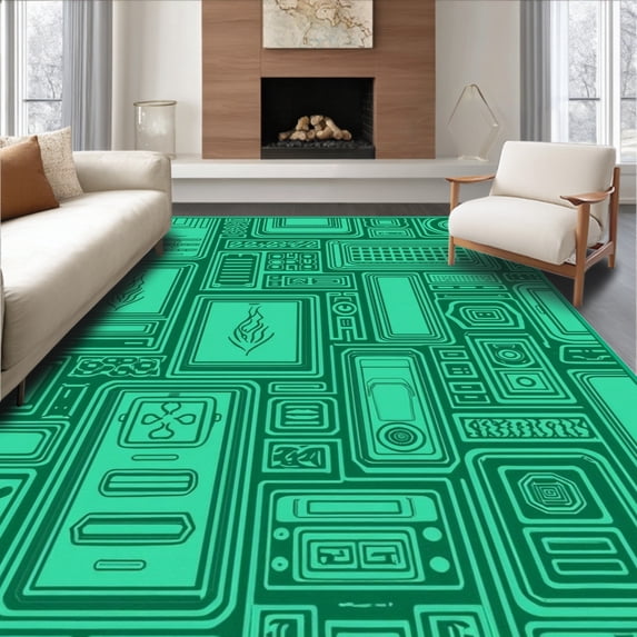 ODIKA 2'x3' Machine Washable Non-Slip Area Rug, Nostalgic Arcade Console Emerald Enthusiast Dashboard High Traffic Rug with Pad, Green, 583443
