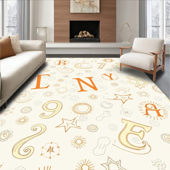 ODIKA 2x3 Machine Washable Non-Slip Area Rug, Nursery Alphabet with Celestial Learning Motifs High Traffic Rug, Beige, 689179