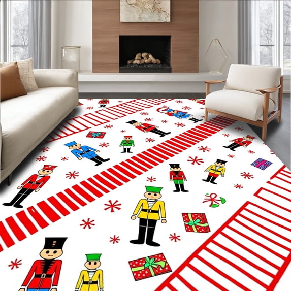 ODIKA 2'x3' Machine Washable Non-Slip Area Rug, Nutcracker Wonderland Ballet with Cane Stripes and Gift Boxes High Traffic Rug, Red, 624072