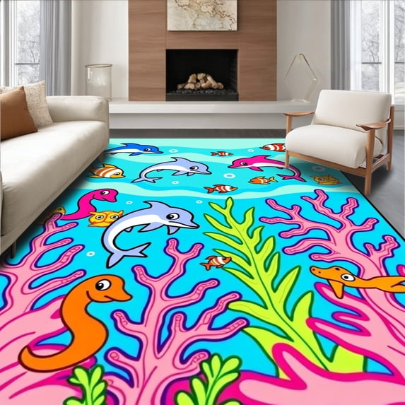 ODIKA 2'x3' Machine Washable Non-Slip Area Rug, Ocean Marine Life Themed Character Floor Covering High Traffic Rug with Pad, Blue, 726315
