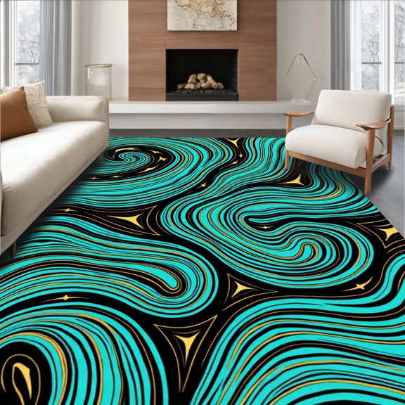 ODIKA 2x3 Machine Washable Non-Slip Area Rug, Ocean Wave Decorative Splash High Traffic Rug, Blue, 517582