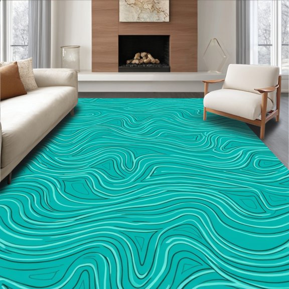 ODIKA 2'x3' Machine Washable Non-Slip Area Rug, Ocean Wave Swirl with Flowing Motifs High Traffic Rug, Blue, 524395