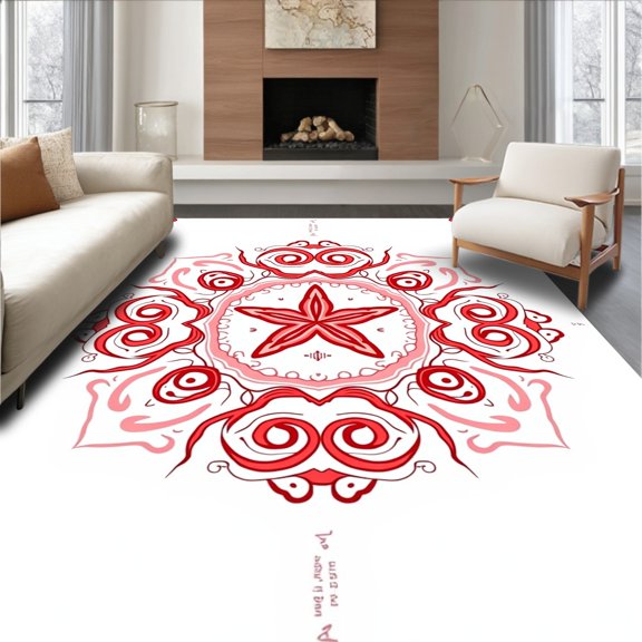 ODIKA 2'x3' Machine Washable Non-Slip Area Rug, Ocean Waves with Starfish Medallion Design High Traffic Rug, Red, 567348