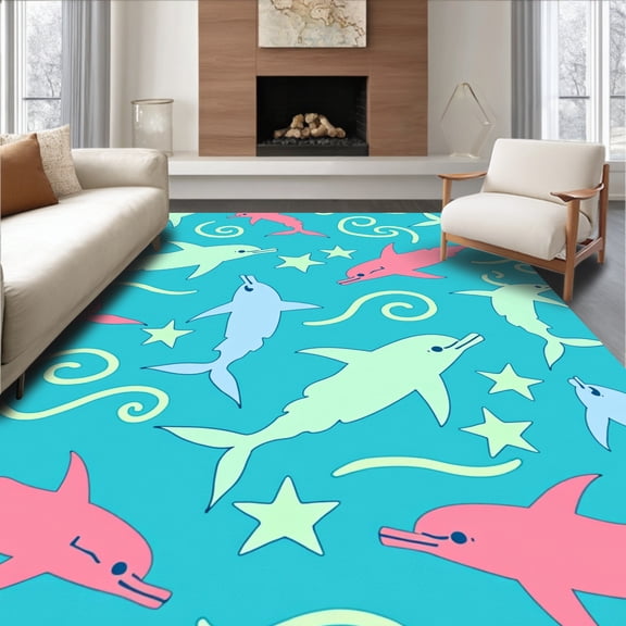 ODIKA 2x3 Machine Washable Non-Slip Area Rug, Ocean Whale Seahorse Starfish Marine Life Design Floor High Traffic Rug, Blue, 685377