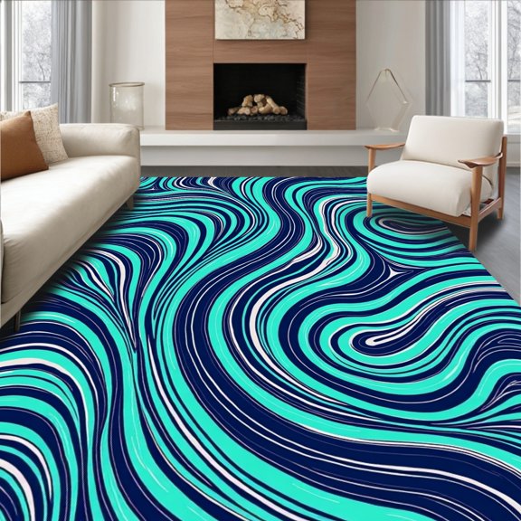 ODIKA 2x3 Machine Washable Non-Slip Area Rug, Oceanic Waves Abstract Artistic Motif Decorative High Traffic Rug, Blue, 488136