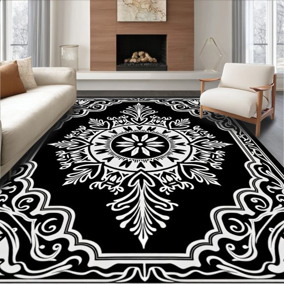 ODIKA 2x3 Machine Washable Non-Slip Area Rug, Opulent Medallion Design Floor Covering with Ornate Details High Traffic Rug, Black, 599874