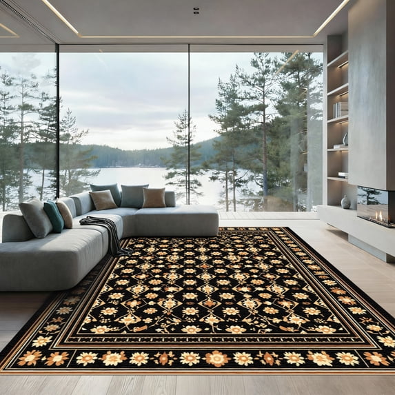 ODIKA 2'x3' Machine Washable Non-Slip Area Rug, Oriental Black High Traffic Rug, Black, 1088837