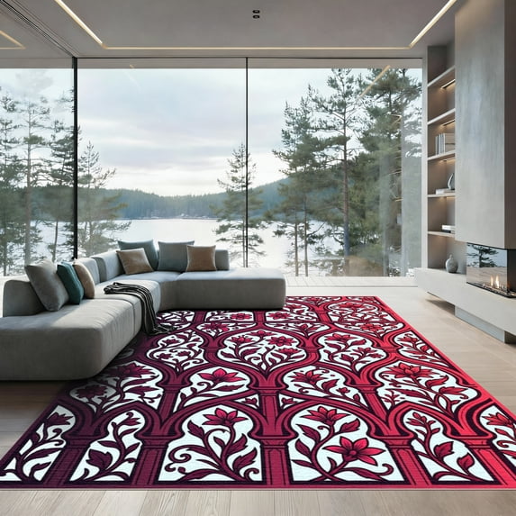 ODIKA 2'x3' Machine Washable Non-Slip Area Rug, Oriental Burgundy High Traffic Rug, Red, 1014812