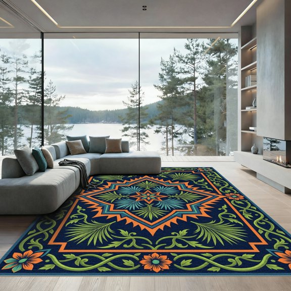 ODIKA 2x3 Machine Washable Non-Slip Area Rug, Oriental Navy Blue High Traffic Rug, Blue, 1182774