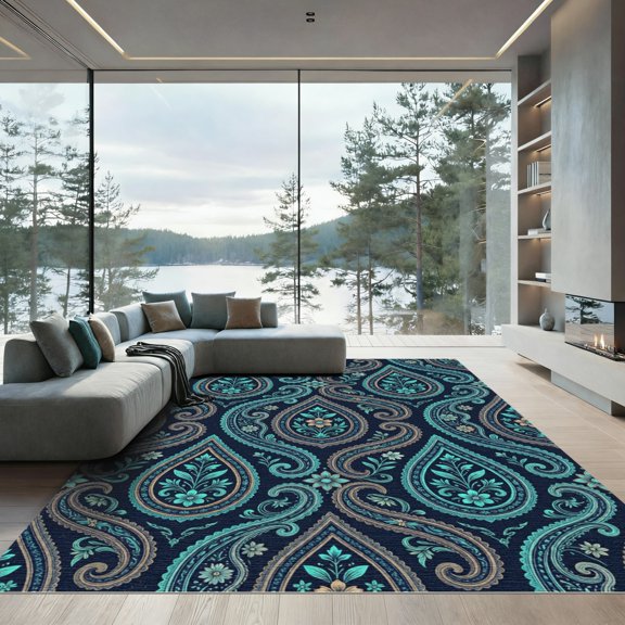 ODIKA 2x3 Machine Washable Non-Slip Area Rug, Oriental Navy Blue High Traffic Rug, Blue, 1252206