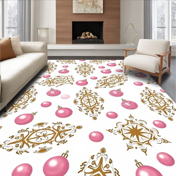 ODIKA 2'x3' Machine Washable Non-Slip Area Rug, Ornament Medallion Holiday Celebration Decorative Bauble High Traffic Rug, Pink, 736096