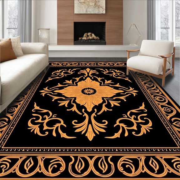ODIKA 2x3 Machine Washable Non-Slip Area Rug, Ornamental Damask Blossom with Faded Scrolls and Interlocking Foliage High Traffic Rug, Black, 572984
