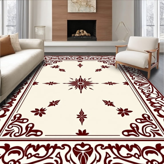ODIKA 2'x3' Machine Washable Non-Slip Area Rug, Ornamental Design Featuring Layered Petal Shapes and Curved Vines High Traffic Rug with Pad, Beige, 665912