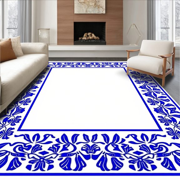 ODIKA 2x3 Machine Washable Non-Slip Area Rug, Ornate Floral Lattice with Minimalist Embroidery and Elegant Border Detail High Traffic Rug, Blue, 705979