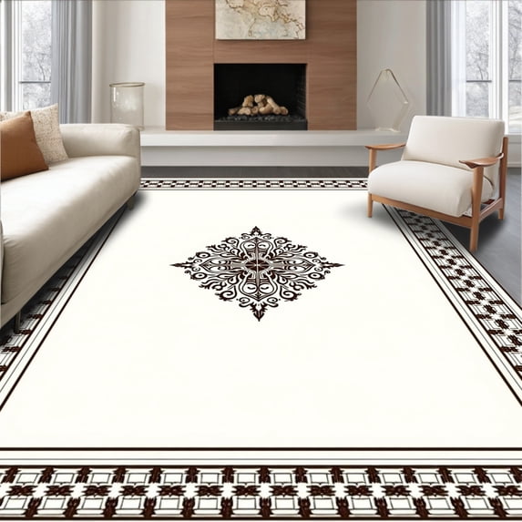 ODIKA 2'x3' Machine Washable Non-Slip Area Rug, Ornate Medallion Design With Delicate Lattice Borders High Traffic Rug with Pad, Brown, 395938