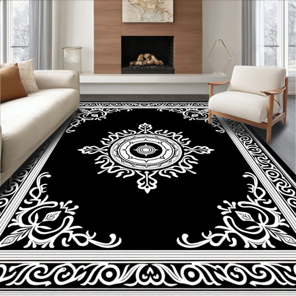 ODIKA 2x3 Machine Washable Non-Slip Area Rug, Ornate Medallion Motif with Baroque Flourish Detailing High Traffic Rug, Black, 445165