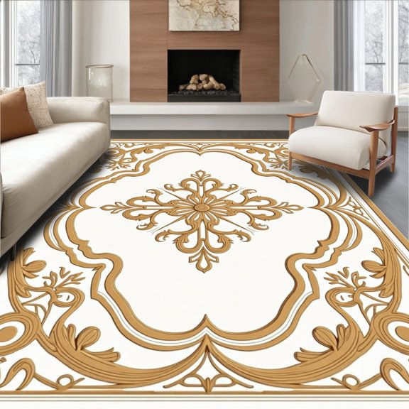 ODIKA 2x3 Machine Washable Non-Slip Area Rug, Ornate Medallion with Curved Lattice and Baroque Flourishes High Traffic Rug, Ivory, 590378