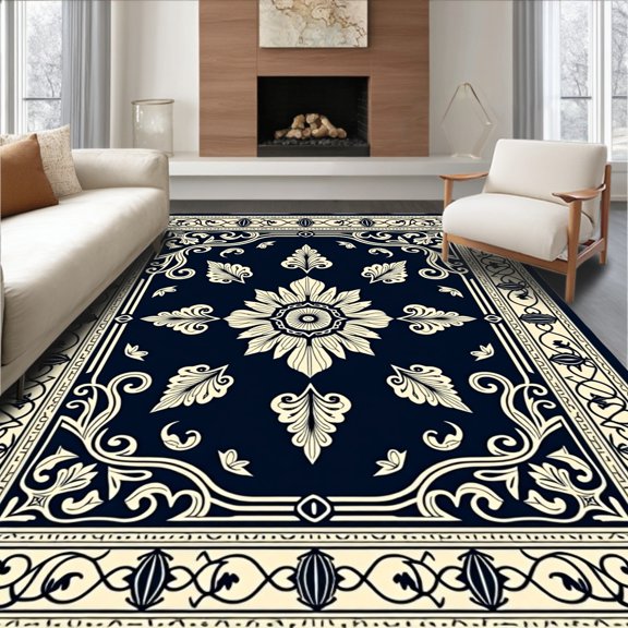 ODIKA 2x3 Machine Washable Non-Slip Area Rug, Paisley Damask Design with Scrollwork Flourishes High Traffic Rug, Blue, 451317