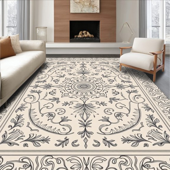 ODIKA 2x3 Machine Washable Non-Slip Area Rug, Paisley Garden Scroll Machine High Traffic Rug, Beige, 543379