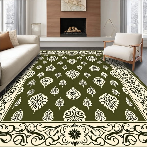 ODIKA 2'x3' Machine Washable Non-Slip Area Rug, Paisley Medallion with Swirling Vine Border Framework High Traffic Rug with Pad, Green, 578479