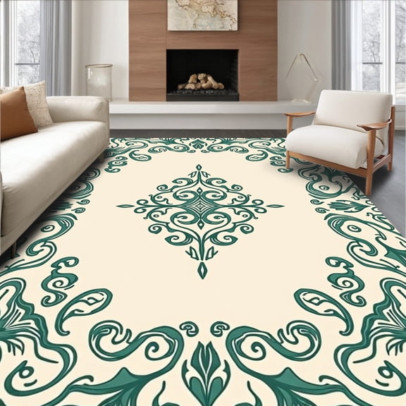 ODIKA 2x3 Machine Washable Non-Slip Area Rug, Paisley Scroll Ornamental Design with Traditional Curved High Traffic Rug, Ivory, 453906