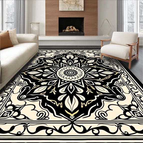 ODIKA 2'x3' Machine Washable Non-Slip Area Rug, Paisley Swirl Botanical Heritage Treasure High Traffic Rug, Black, 479250