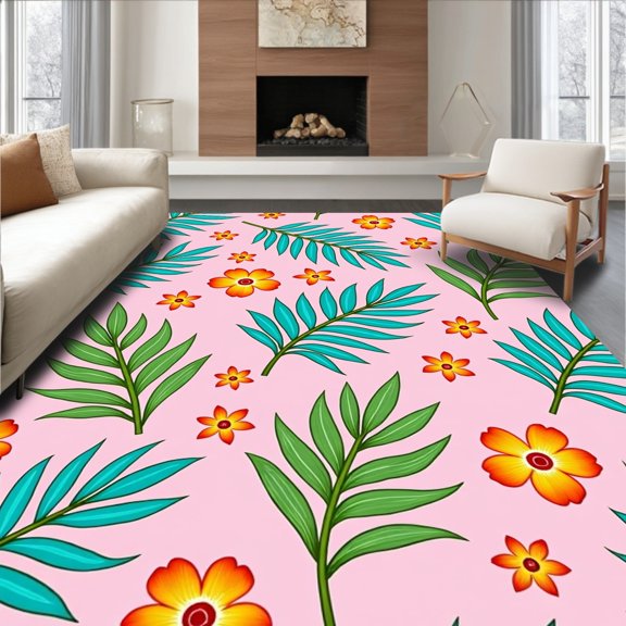ODIKA 2x3 Machine Washable Non-Slip Area Rug, Palm Frond Watercolor with Exotic Island Flora Motifs High Traffic Rug, Pink, 576599